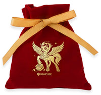 Red velvet pouch with gold winged pony and GANCUBE logo, tied with ribbon