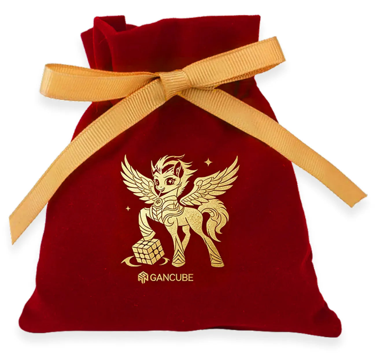 Red velvet pouch with gold winged pony and GANCUBE logo, tied with ribbon